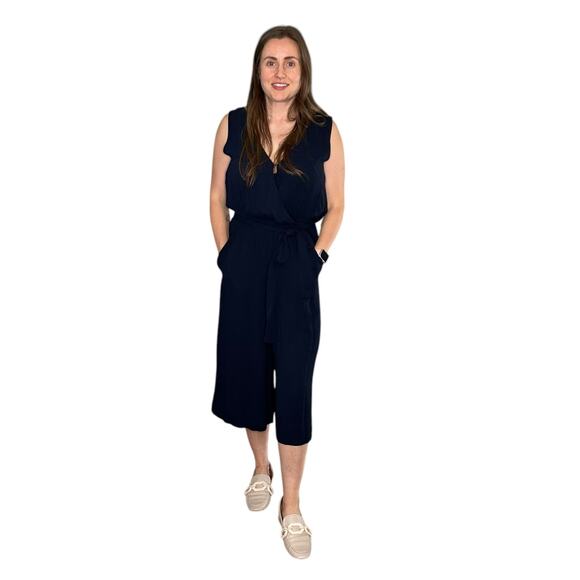 BABATON Navy Blue Crepe Wide Leg Cropped Jumpsuit Women's Size Small Belted - Picture 1 of 6
